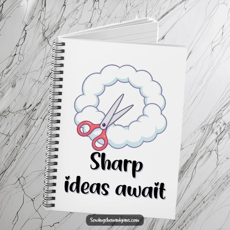 Funny Notebook: Scissors attempt to cut a round hole in a cloud, inspiring funny sky-high thoughts.