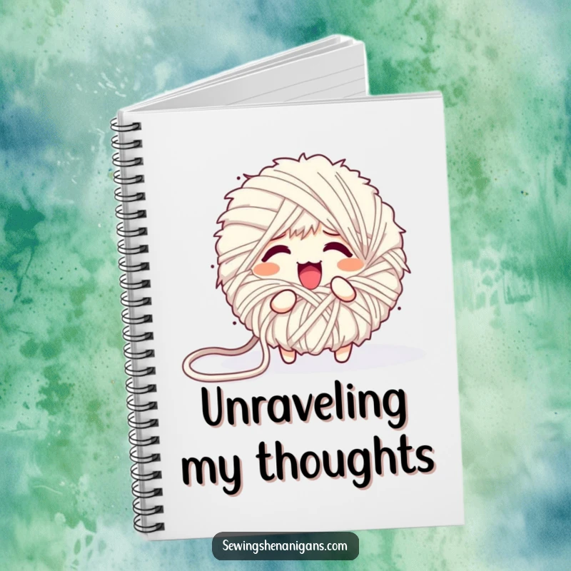 Funny notebook cover with a fluffy yarn ball character comically unraveling into a mess, perfect for jotting down ideas humorously.