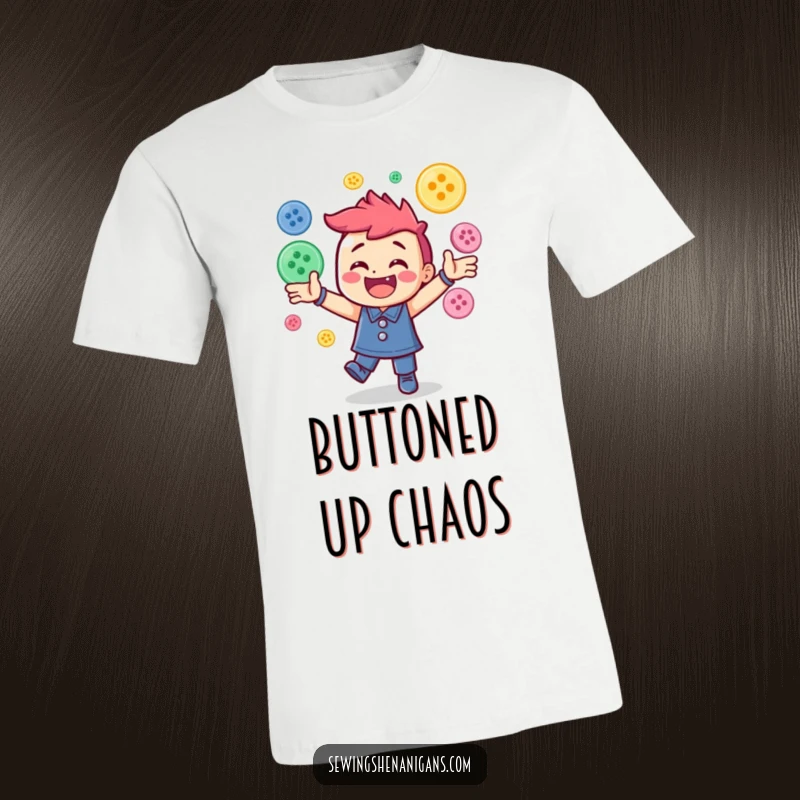Funny t-shirt with a happy character caught in the act of energetically juggling many colorful sewing buttons, a humorous visual.
