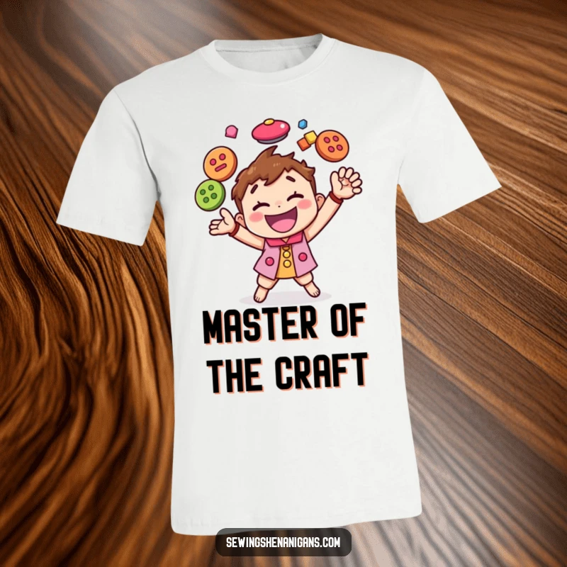 Funny t-shirt of a happy character energetically juggling a pile of colorful buttons, celebrating the joy of crafting.