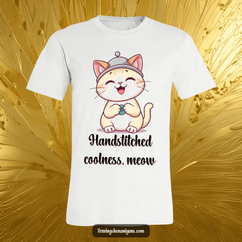 Funny cat wearing a thimble hat sewing with a button, a cheerful and humorous t-shirt design for crafters.