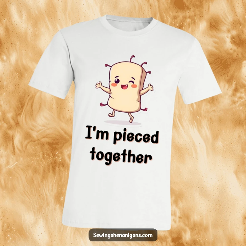 Funny Fabric Scrap T-Shirt with a determined character joyfully performing a triumphant jig, celebrating sewing achievements.