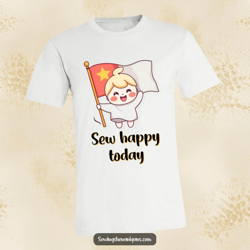 Funny t-shirt of a cheerful character sewing a smiling face onto a waving flag, embodying a spirit of happiness.