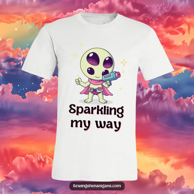 Funny kawaii alien waving a ray gun that emits sparkles, a humorous and creative design on this t-shirt, great for gifting.