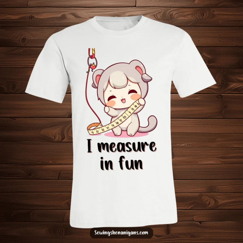 Funny t-shirt of a character joyfully batting at a long, dangling measuring tape, representing playful crafting and sewing.