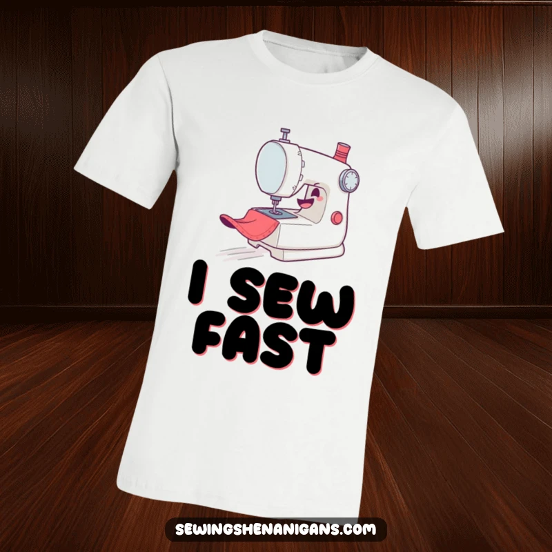 Funny T-Shirt: A sewing machine character with a mischievous grin gleefully speeds across fabric, needle stitching fast.