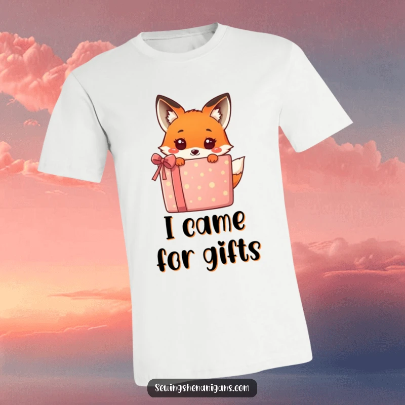 Funny kawaii fox peeking from behind a massive, colorful gift, a cute and hilarious design on this t-shirt, great for gifting.