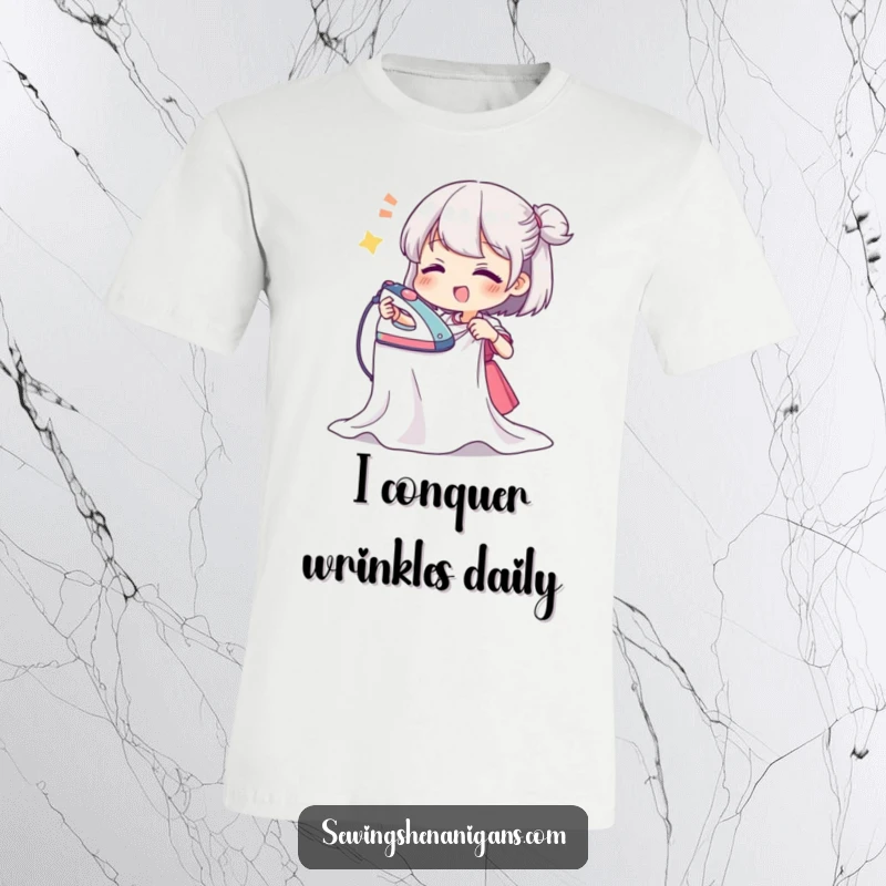Funny t-shirt of a character with a big smile, enthusiastically ironing a very wavy fabric section, celebrating laundry day humor.