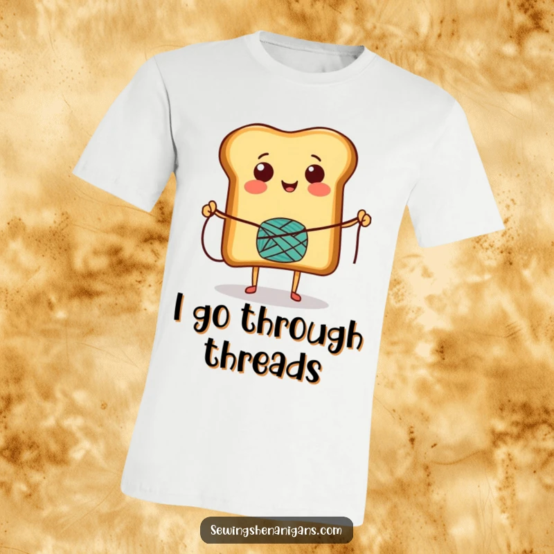 Funny T-Shirt with a smiling toast character joyfully skipping rope using a thread spool, radiating energy and a sense of fun.