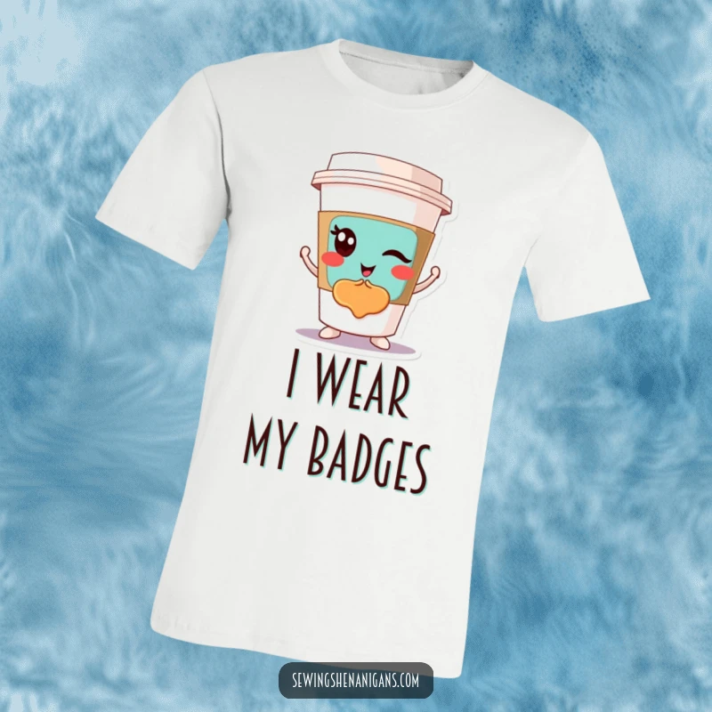 Funny Winking Coffee Cup T-Shirt: A winking coffee cup character displaying a vibrant patch, ideal for a funny and stylish gift.