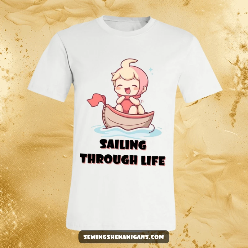 Funny t-shirt featuring a delighted character giggling while steering a thimble as a boat across fabric, capturing a moment of pure, tiny joy.