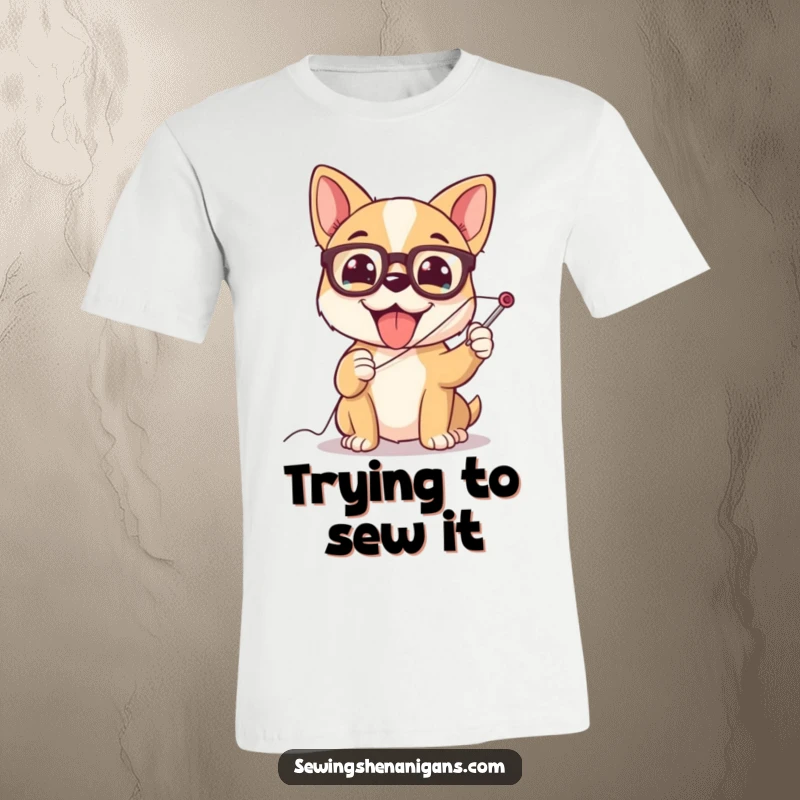 Funny dog wearing glasses, attempting to thread a giant needle, a humorous t-shirt for sewing fans.