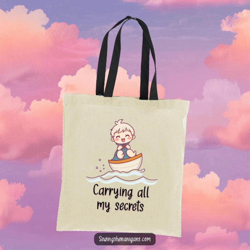 Funny tote bag with a giggling character navigating a thimble boat, perfect for carrying craft supplies with humor.