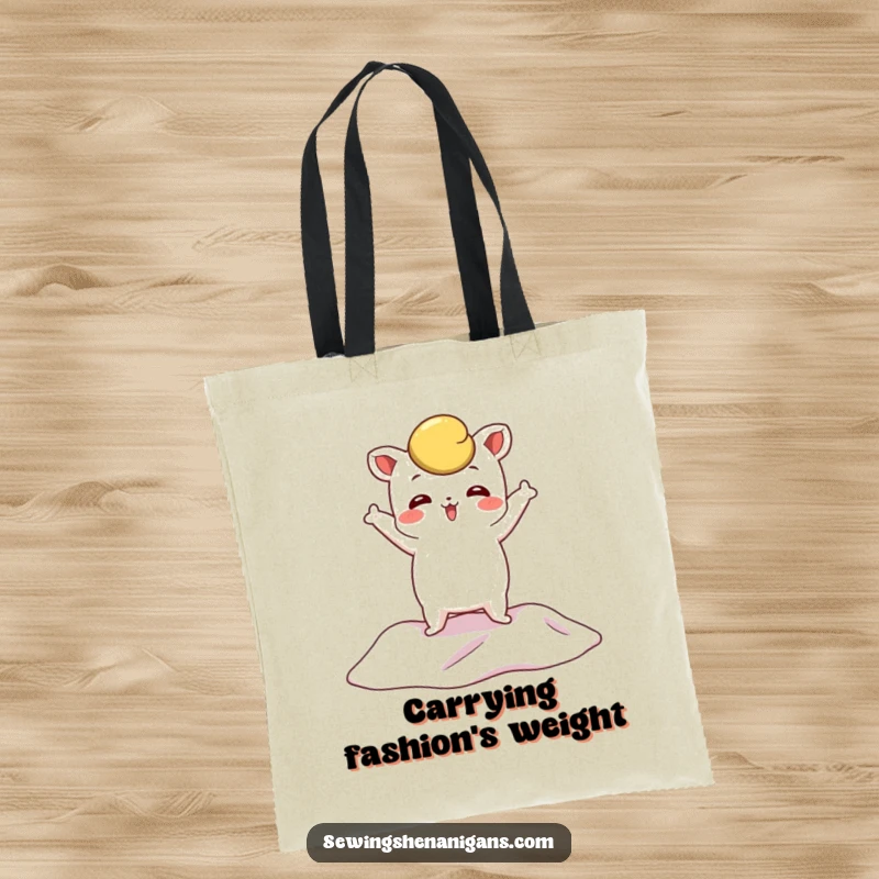 Funny Pattern Weight Tote Bag with a whimsical character dramatically posing on fabric, ideal for carrying sewing supplies with style.