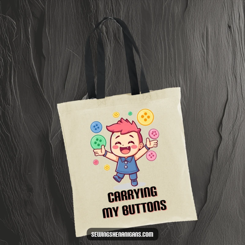 Funny tote bag featuring a cheerful character skillfully juggling a collection of bright sewing buttons, a practical and humorous item.