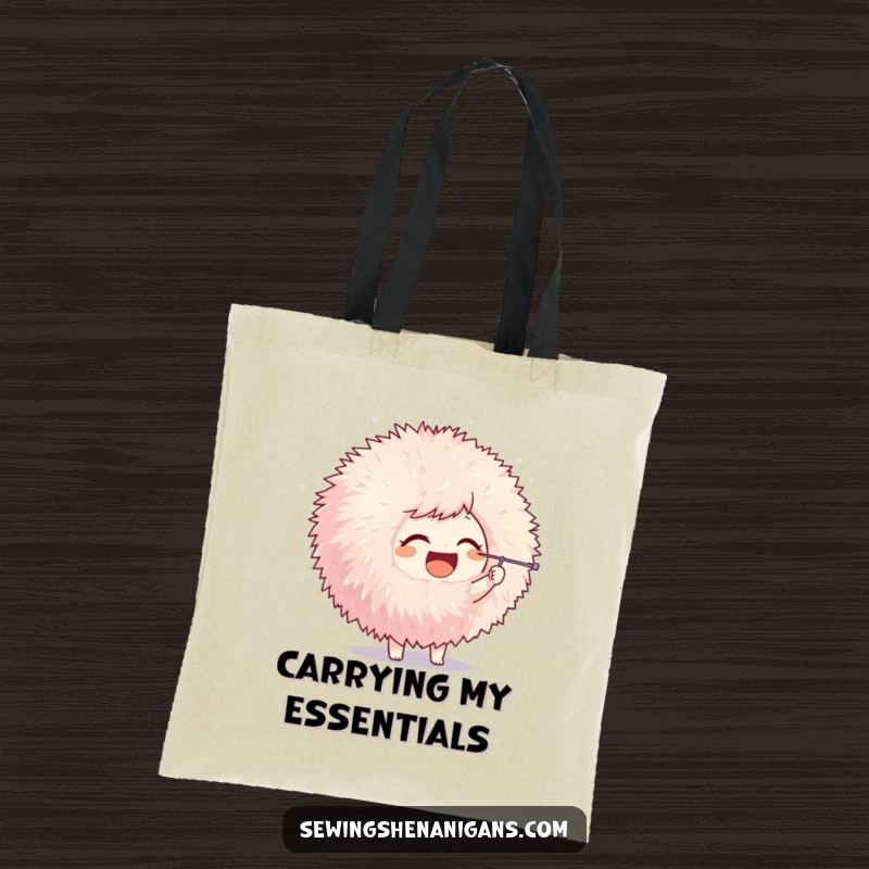 Funny tote bag depicting a joyful character poking a giant pom-pom with a needle, perfect for carrying supplies with humor.