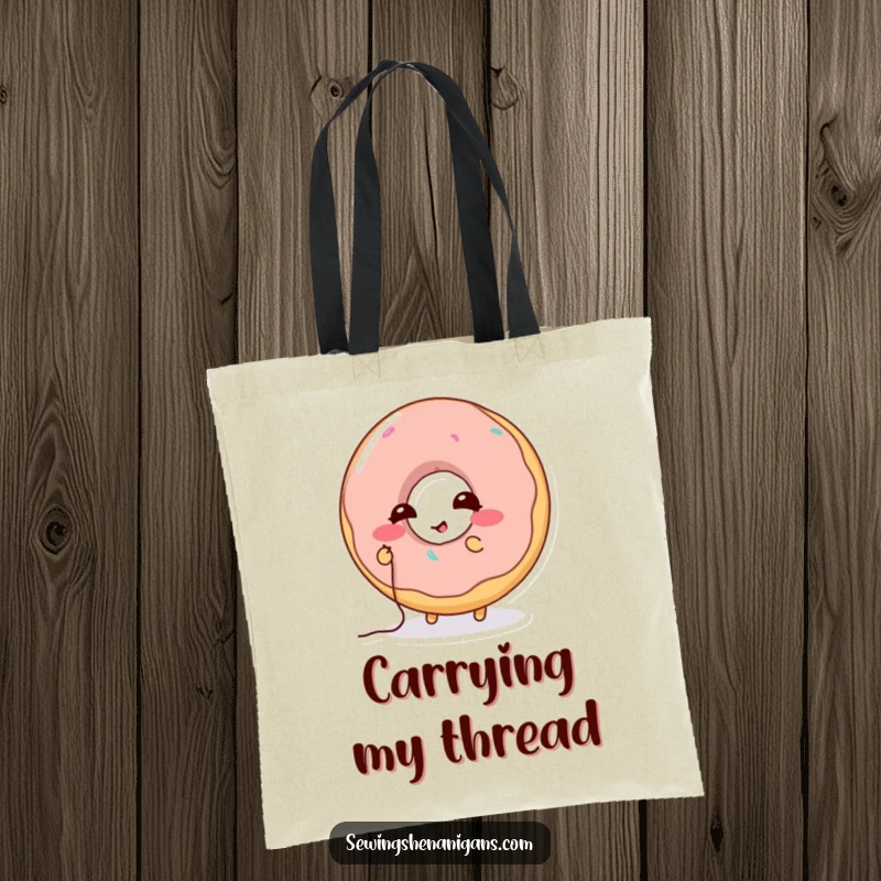 Funny Donut Stitching Tote Bag: A giggling donut character sewing a hole with thread, great for a funny and practical gift.