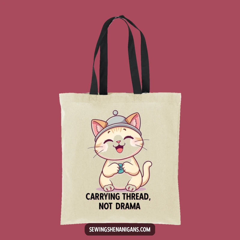Funny Cat Sewing Tote Bag: Thimble Hat Kitty, Spacious & Humorous Gift for Craft Supplies