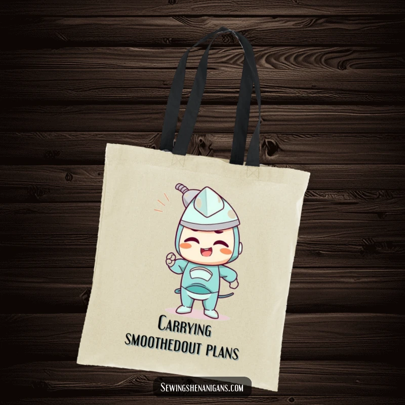 Funny tote bag with a determined iron character joyfully smoothing out wrinkles, perfect for carrying essentials.