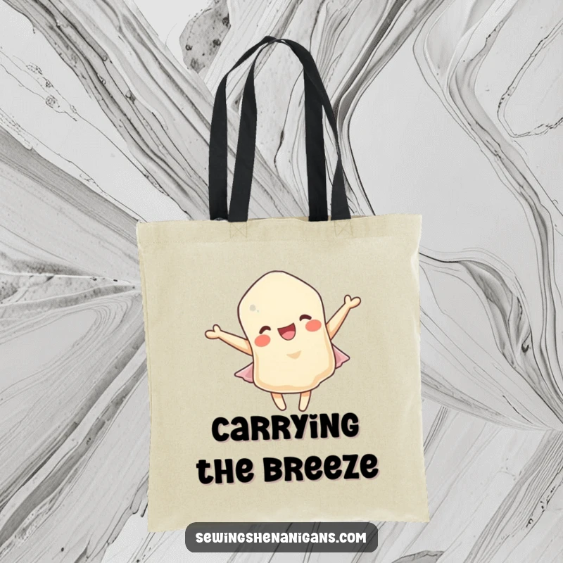 Funny tote bag: A delighted fabric scrap character gleefully fluttering in a gentle breeze, ready for errands and laughs.