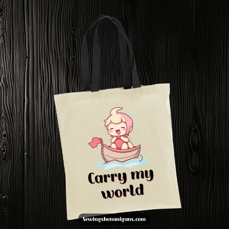 Funny tote bag featuring a giggling character navigating a thimble like a tiny boat, perfect for carrying essentials with playful charm.