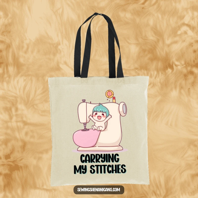 Funny kawaii character demonstrating impressive balance bouncing a ball on a giant sewing machine.