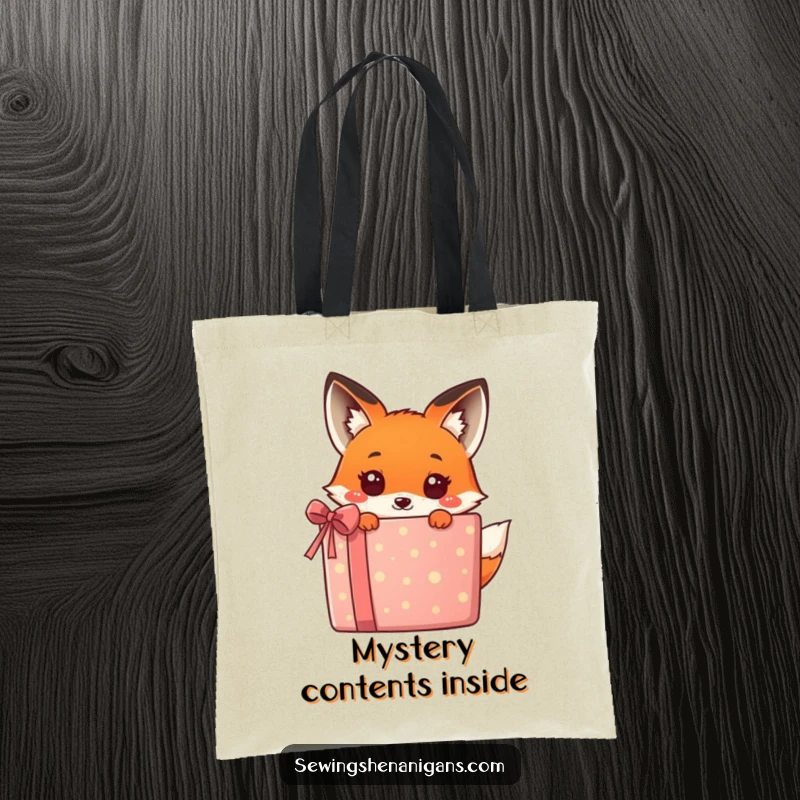 Funny kawaii fox peeking from behind a giant, festive gift, a charming and humorous design on this tote bag, perfect for shoppers.