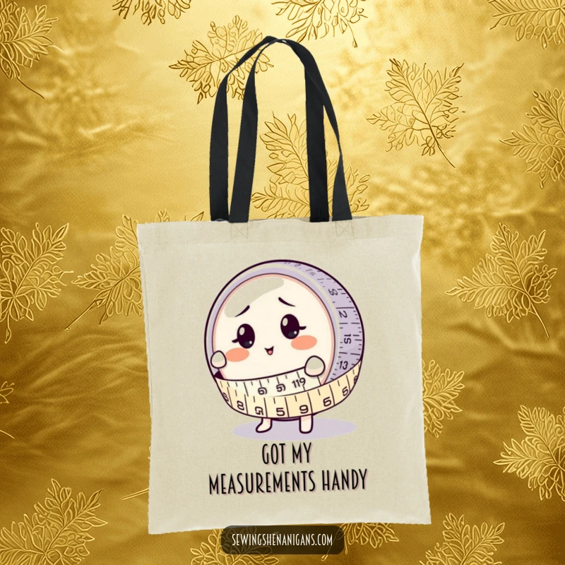 Funny Tote Bag: A measuring tape character humorously hugging a bewildered button, perfect for shopping and crafting.
