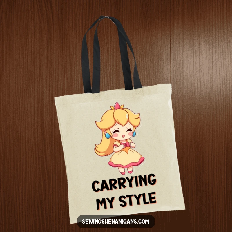 Funny Peach Dress Tote Bag: A playful peach character trying on a small dress, great for a funny and practical gift.