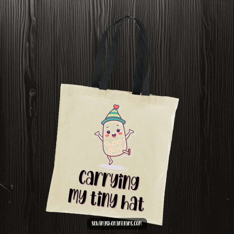 Funny thimble character tote bag doing a cartwheel, perfect for carrying supplies with playful humor and as a funny gift.