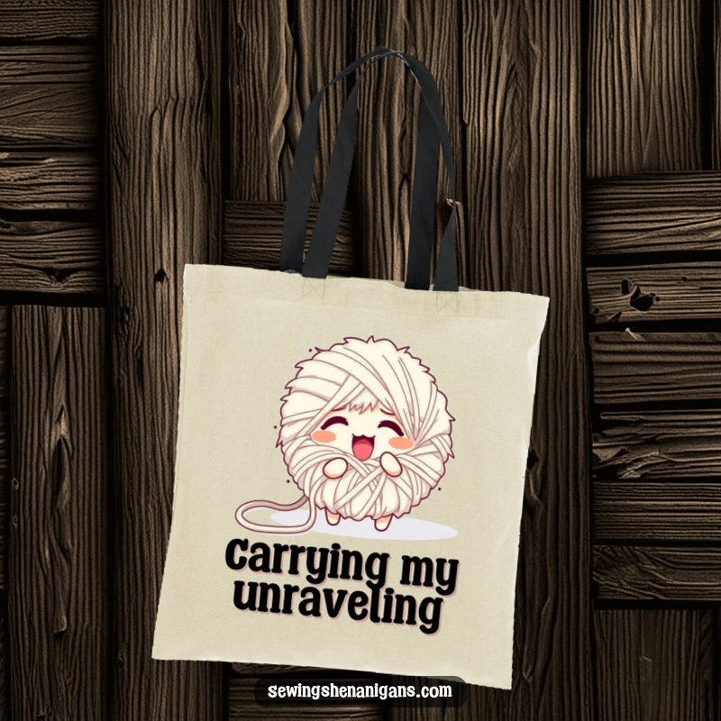 Funny tote bag with a fluffy yarn ball character comically unraveling into a tangled mess, a charming and humorous accessory.