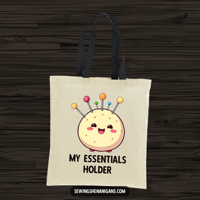 Funny tote bag adorned with a beaming pin cushion character, playfully covered in colorful pins, ideal for carrying sewing supplies.