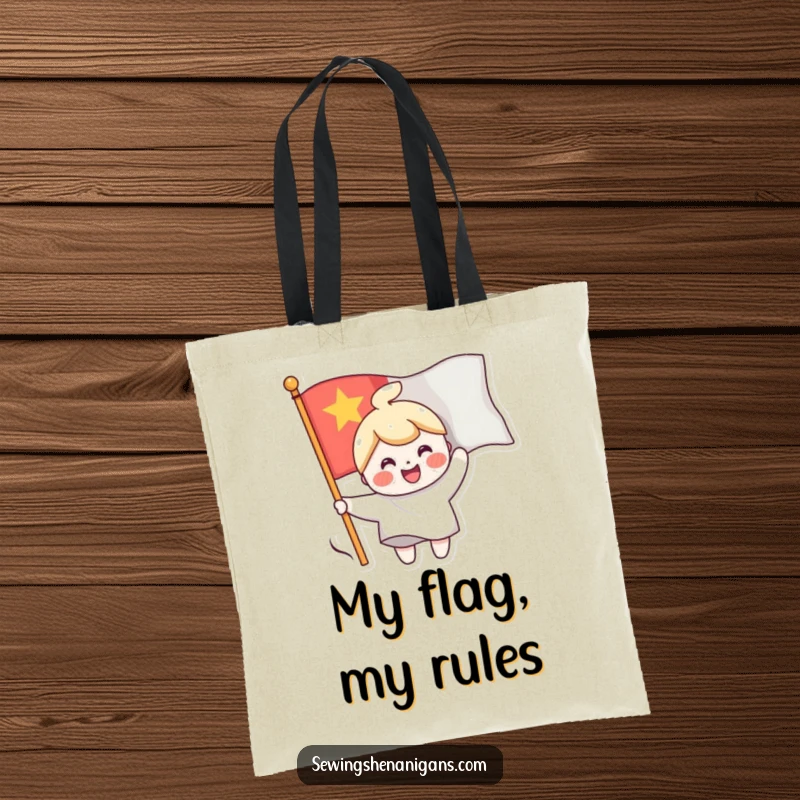 Funny tote bag showing a cheerful character sewing a smiling face onto a waving flag, perfect for carrying items with a happy message.